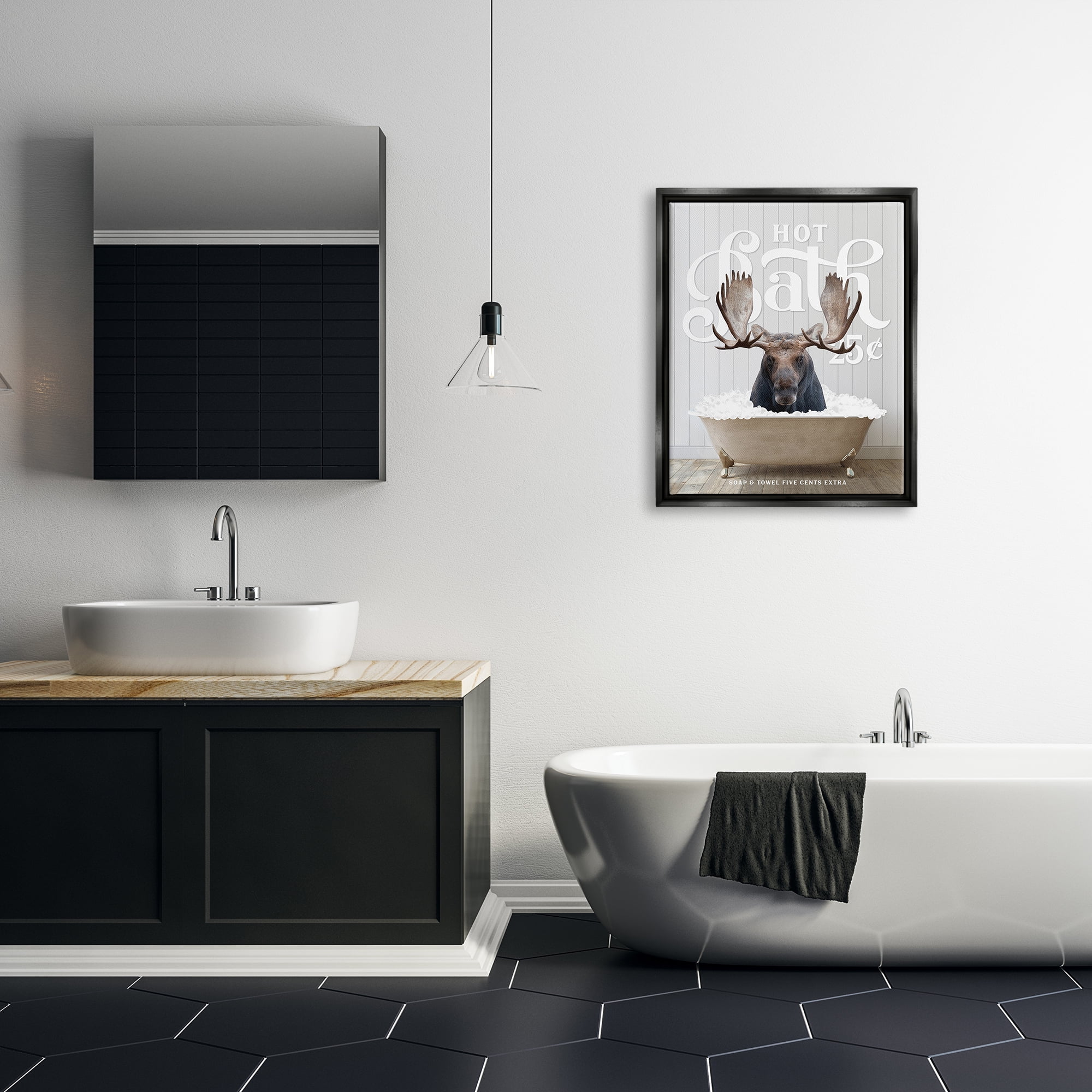 Stupell Industries Vintage Bathroom Moose Ad Animals & Insects Painting Black Floater Framed Art Print Wall Art, 25 x 31