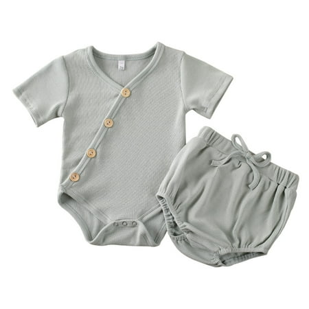 

ZIYIXIN 2PCS Newborn Baby Girl Boy Striped Romper Tops Shorts Pants Outfits Set Summer Clothes Green 6-12 Months