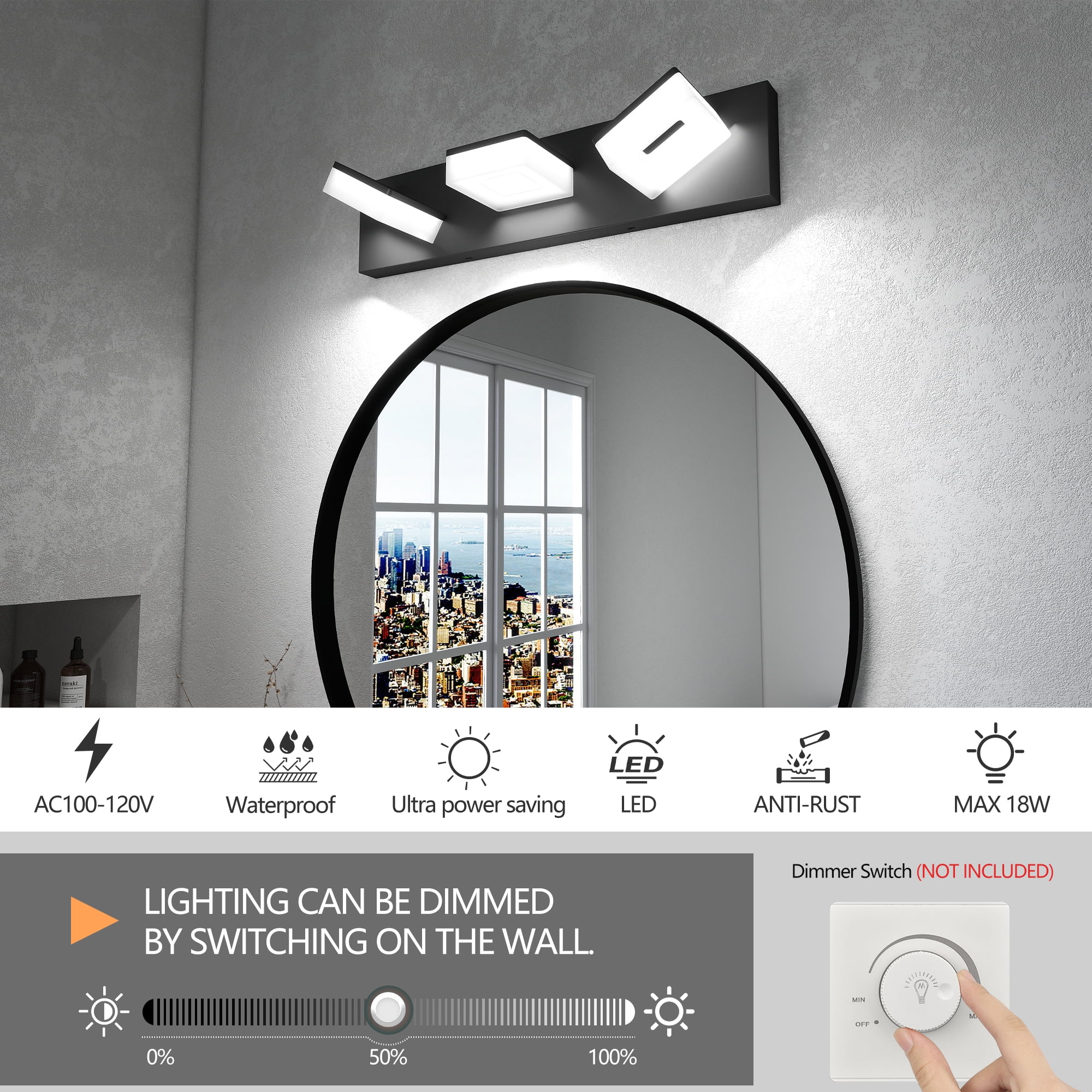 3 Colors Dimmable Bathroom Light Fixtures Over Mirror, LED 3 Lights