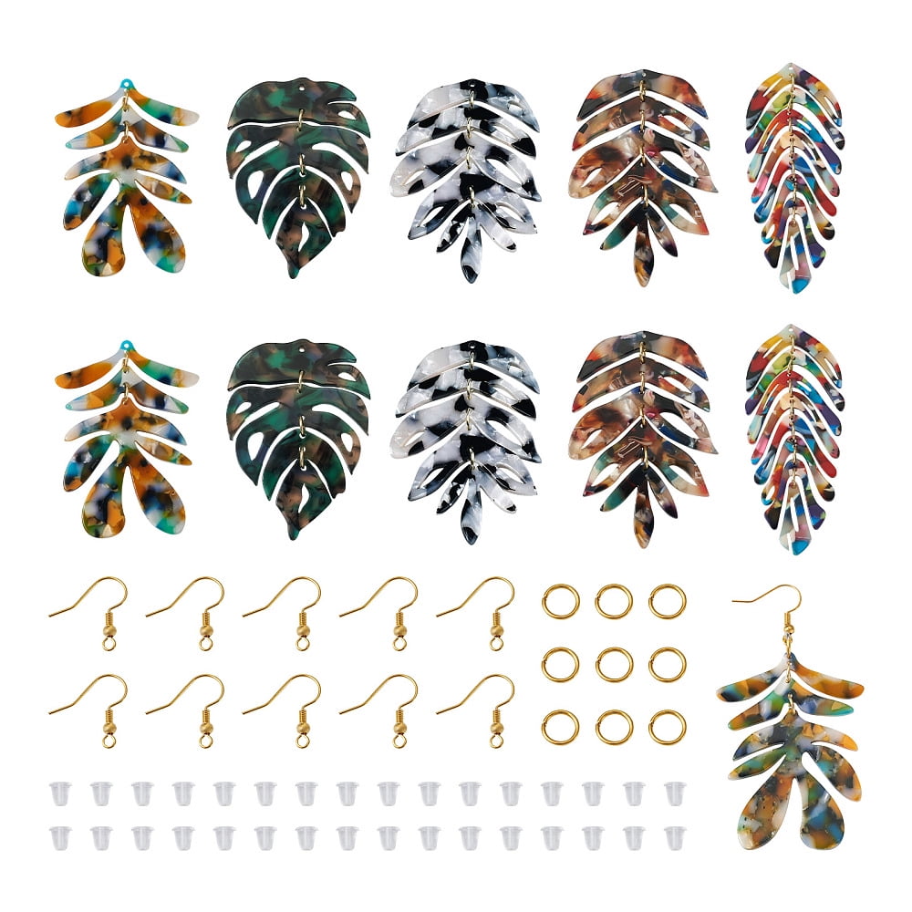 1Box DIY Monstera Leaf Dangle Earring Making Kits Including Cellulose Acetate(Resin) Pendants Brass Earring Hooks Mixed Color 90Pcs/box
