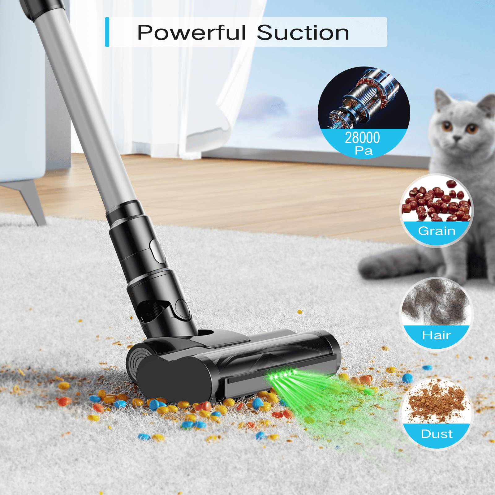 MOOSOO Cordless Vacuum, 28Kpa Vacuum Cleaners for Home, 40Mins Stick Vacuum with Anti-Tangle Brush, 3 in 1 Lightweight Wireless Vacuum Rechargeable for Hard Floors Low-Pile Carpet Pet Hair