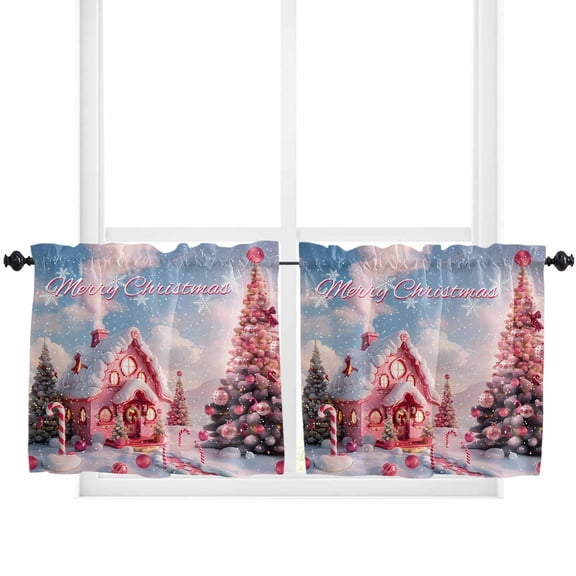 Pink Christmas Kitchen Curtain 2 Panels Tiers Curtains 36 Inch Length, Farmhouse Xmas Tree Snowflake Curtains Rod Pocket Curtains Window Drapes Treatment Window Cafe Curtains