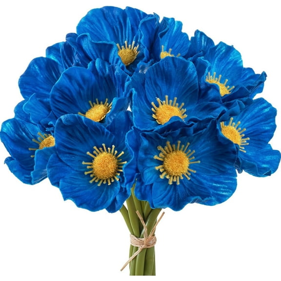 Vorkoi Blue Artificial Flower with Stems, 10pcs PU Real Touch Poppy Realistic Fake Flowers for Veterans Day Independence Day Floral Arrangement Graduation Home Wedding Bouquets Corsages Decor
