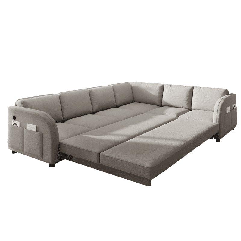L-Shaped Sectional Sofa with Pull Out Bed, 115.2'' Convertible Sleeper Sofa with Reversible Chaise, USB Charging Ports & Side Pockets, Oversized 6-Seat Sofa Couch for Living Room