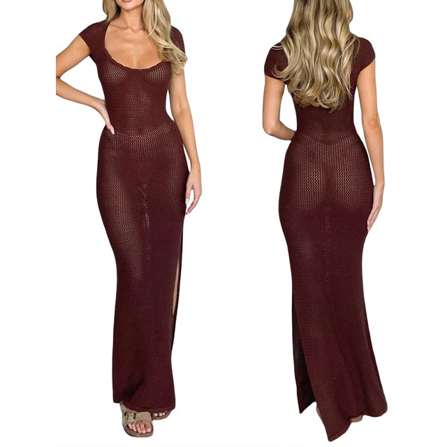 WIFORNT Femmes Tricot Robe Longue, Manches Courtes Col Rond Creux Solide Fente Robe Slim Fit pour Club Party