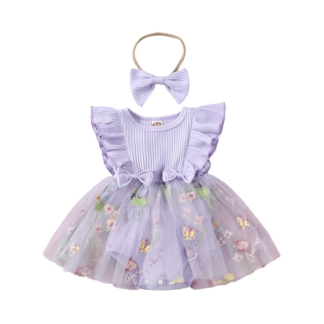 Gupgi Rompers Dress for Baby Girls Fly Sleeve Flower Embroidery Tulle Jumpsuits Infant Bodysuits with Headband