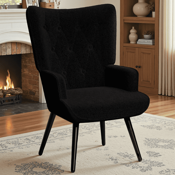 TLSUNNY Teddy Fabric Black Accent Chair, Comfy Upholstered Armchair with Metal Legs, High Backrest Living Room Chair, Wingback Chair Mid Century Modern for Living Room/Vanity/Bedroom