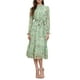 thumbnail image 2 of Vestido de mujer Inspire Chic con flores, cuello alto, volantes, mangas largas, fluido, de gasa, corte A, midi, gris verde, talla S, 2 of 6