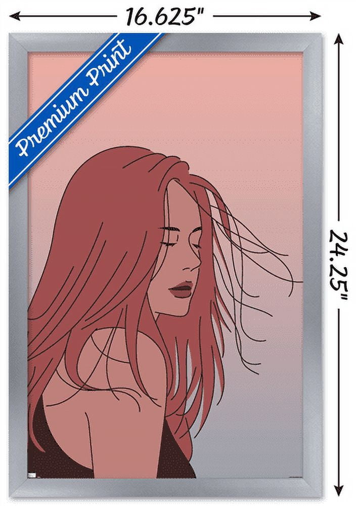 Hand Drawn Woman With Blowing Hair Wall Poster, 14.725" x 22.375" Framed