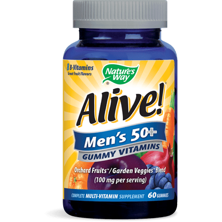 Alive! Men's 50+ Gummy Multivitamin Supplement with Orchard Fruits & Garden Veggies Powder Blend (100 mg per serving), 60 Gummies