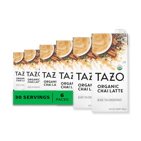 (6 pack) TAZO Organic Chai Latte Black Tea Concentrate, Enjoy Hot or Iced, 32 oz Carton