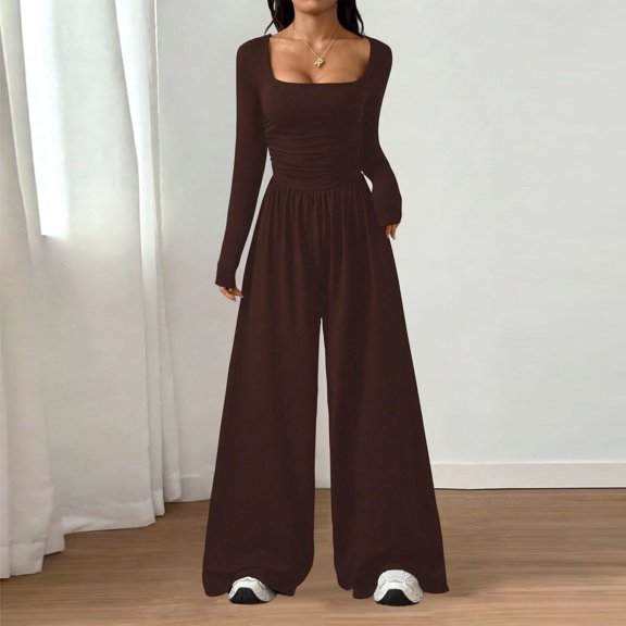 Long Sleeve Jumpsuit for Women Ruched One Piece Wide Leg Jumpsuit Baggy Square Neck Workout Romper with Pockets, S