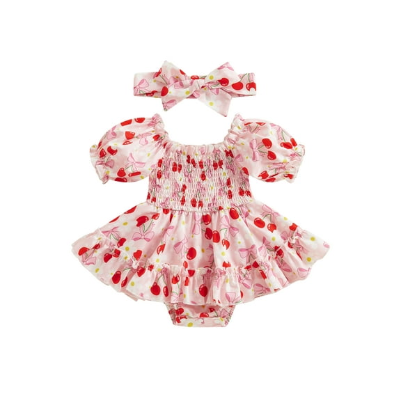 Newborn Baby Girl Summer Outfit Puff Sleeve Flower/Bow/Cherry Print Ruched Romper Dress with Headband Cute Clothes 0-18M