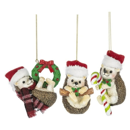 3 Piece Hedgehog With Santa Hat Christmas Ornament Set