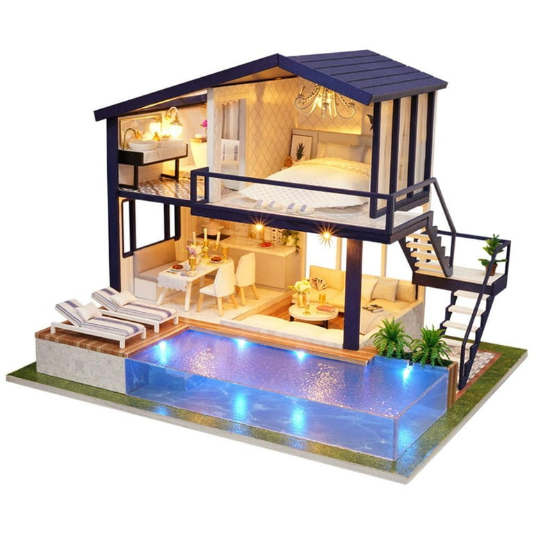 DIY Miniature Dollhouse w/ LED Light Battery Case Wooden Crafts Swimming  Pool D Puzzles Model for Kids Adults