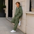 thumbnail image 6 of Kids Boys 2 Piece Waffle Knit Outfit, Quarter Zip Pullover Hoodie with Pocket & Elastic Waist Sweatpants, Soft Casual Sport Tracksuit Army Green 13 Years, 6 of 9