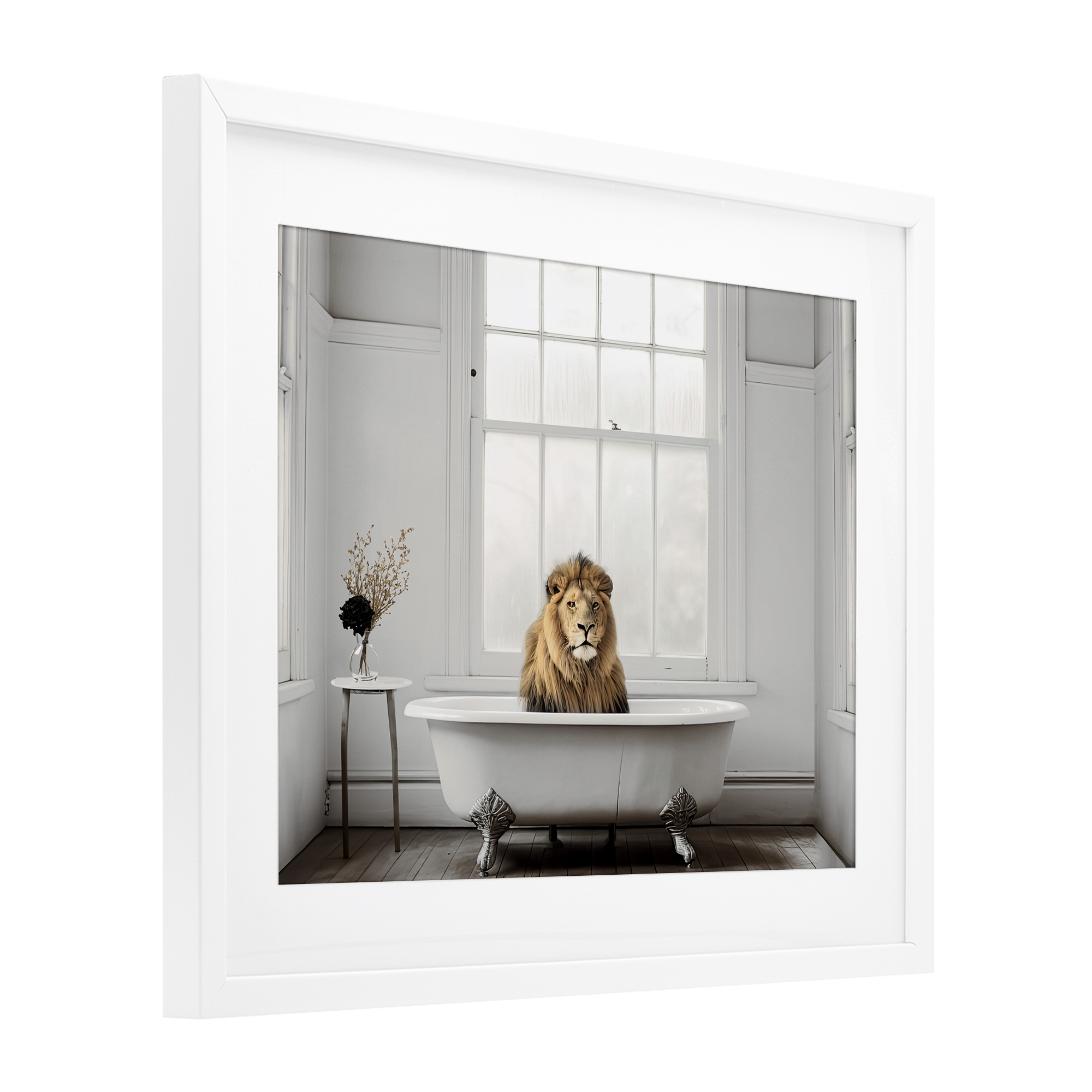 Minimalist Lion Bathtime White Framed Print Under Glass, design by Sasha