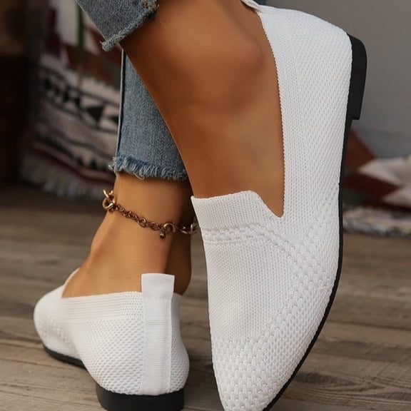 Xfvqtps Womens Casual Shoes Knit Solid Color Simplicity Soft Sole Pointy Toe Flat Bottom Comfortable Breathable Mesh Walking Shoes Fashion Ventilate Comfy Single Shoes White