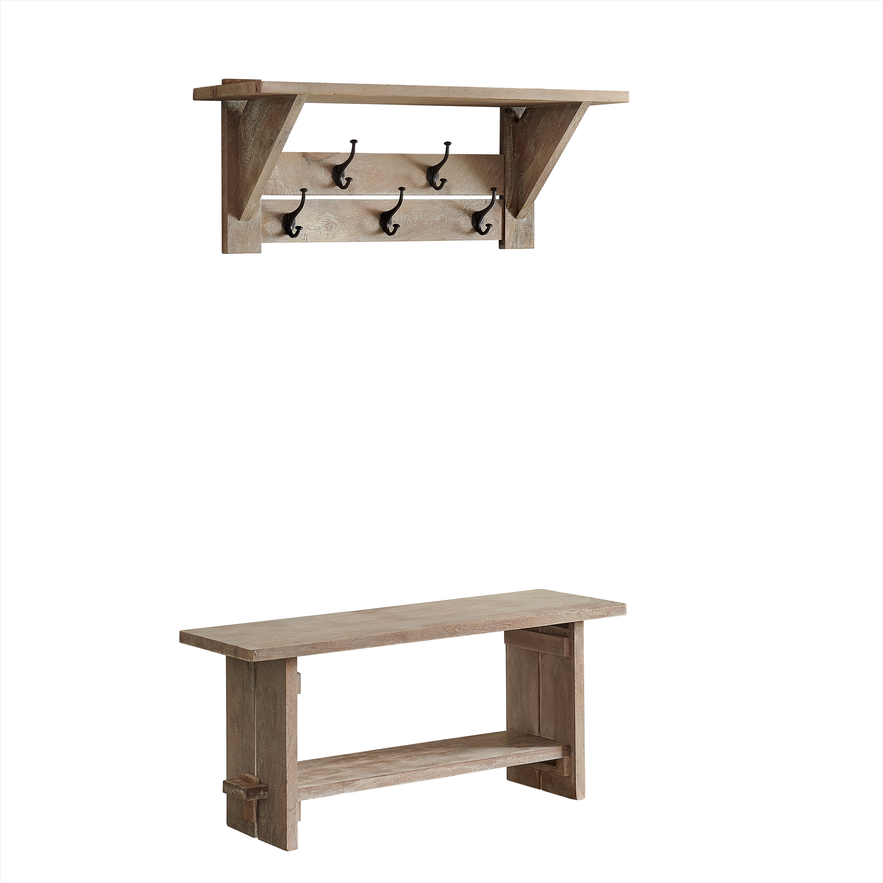 Alaterre Furniture Castleton Mango Wood 40"W Bench and Coat Hook with Shelf, Driftwood