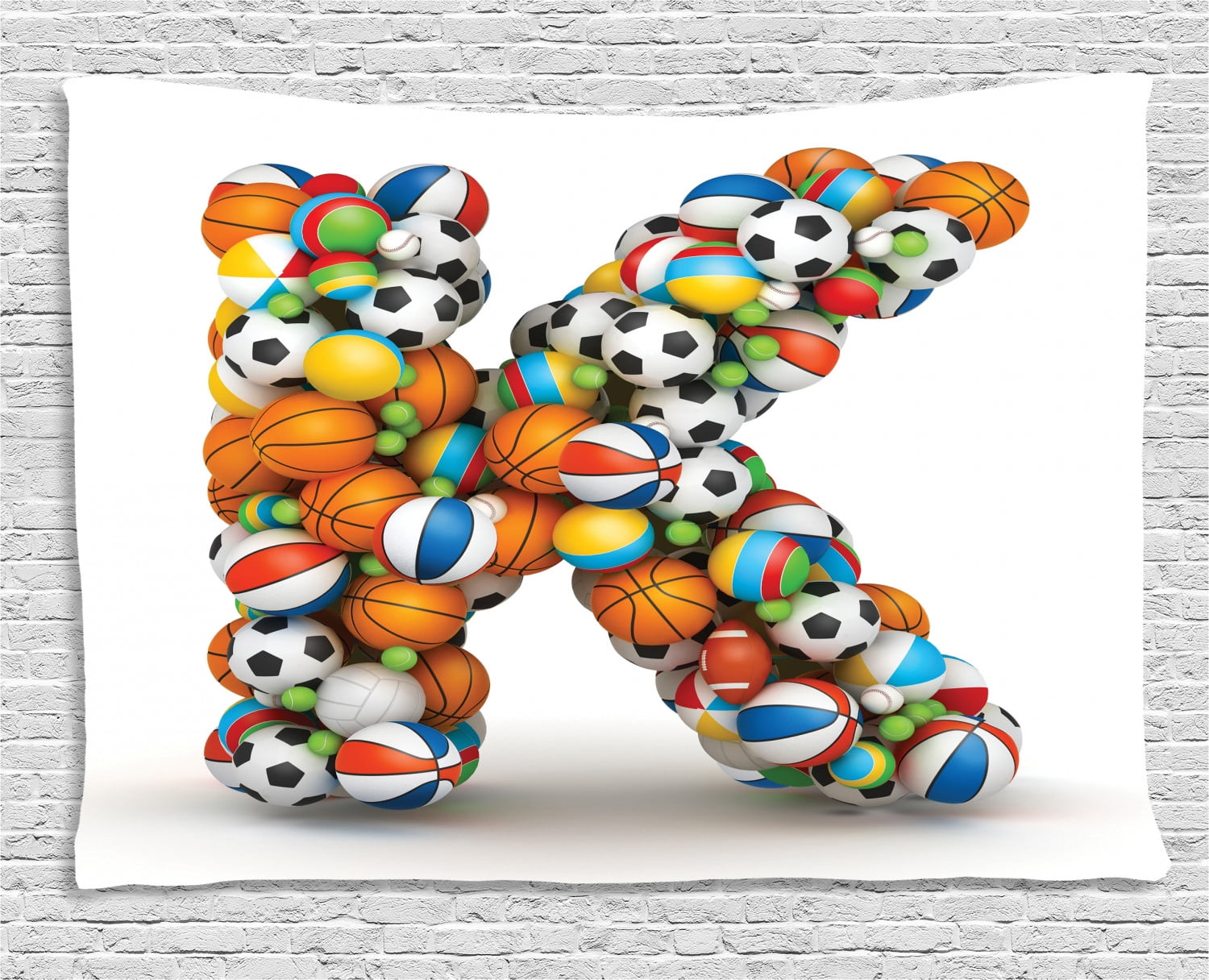 Letter K Tapestry Alphabet Letter With Gaming Balls Of Popular Sports Fun Initial Monogram Design Wall Hanging For Bedroom Living Room Dorm Decor