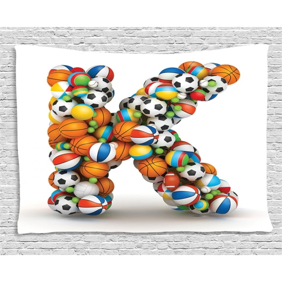Letter K Tapestry, Alphabet Letter with Gaming Balls of Popular Sports Fun Initial Monogram Design, Wall Hanging for Bedroom Living Room Dorm Decor, 60W X 40L Inches, Multicolor, by Ambesonne