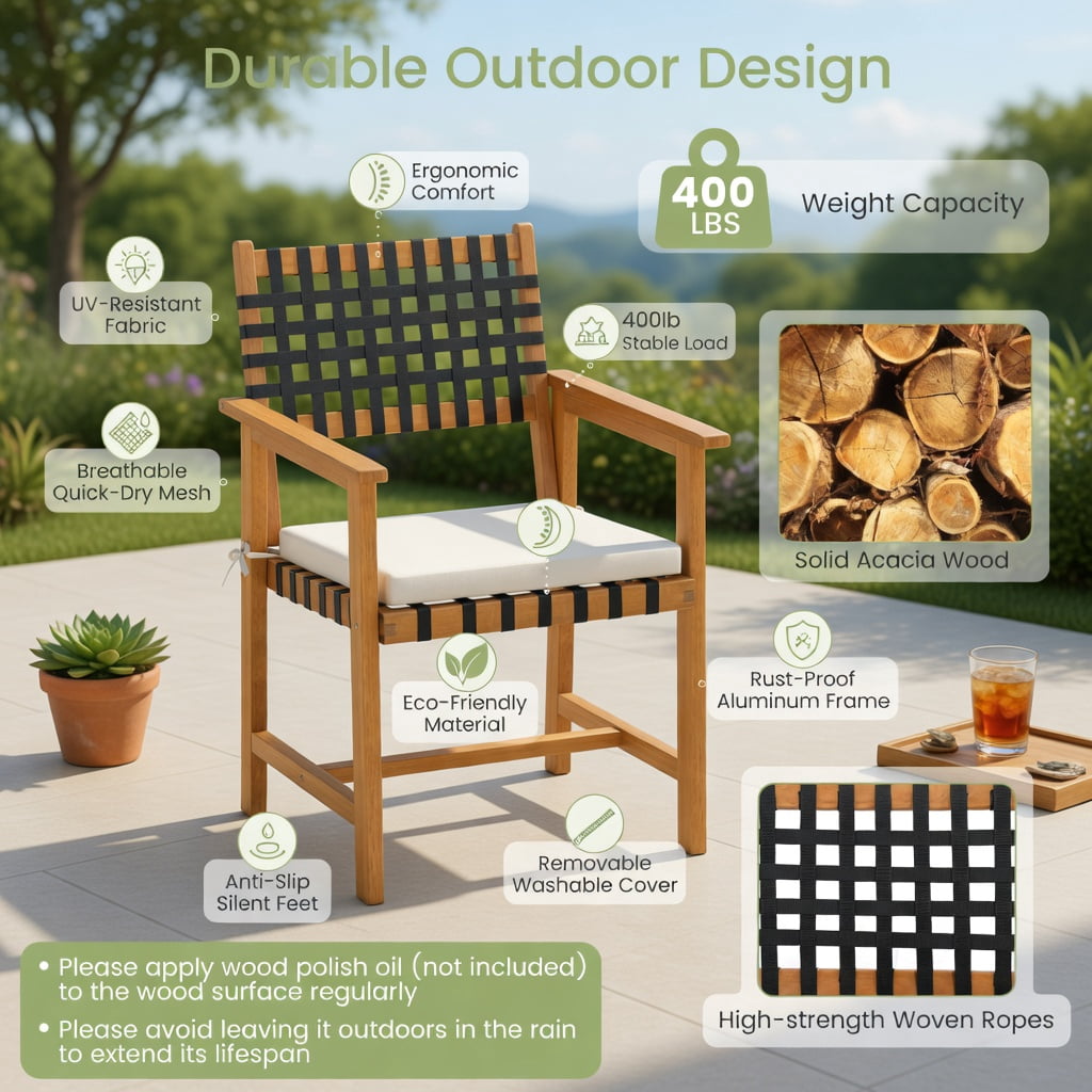 Hommoo 2-Piece Outdoor Dining Chairs Set, Acacia Wood with Woven Rope Back, Curved Ergonomic Design, Detachable Polyester Cushions & Armrests, White