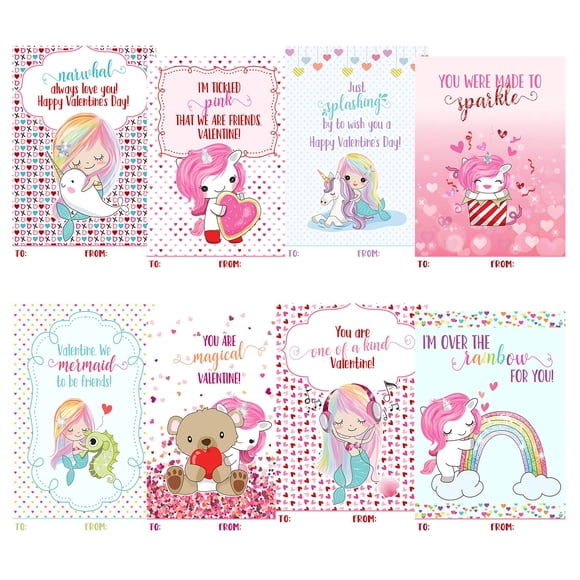Silly goose gifts Magical Unicorn Mermaid Narwhal Themed Valentine Day classroom Sharing card Set (24 Included)