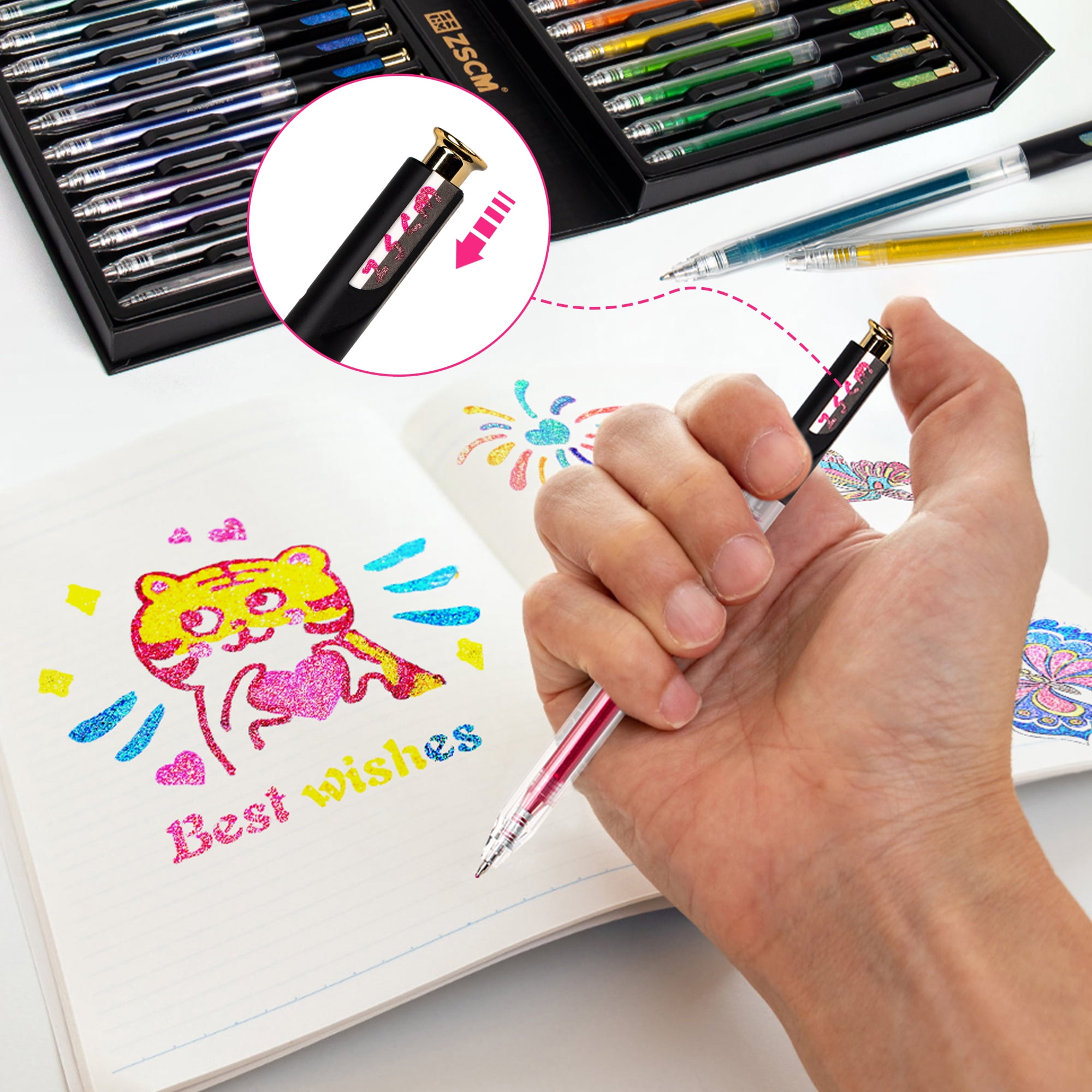 Retractable Super Glitter Gel Pens, 24 Colors Large Capacity Metallic Sparkle Gel Ink Pen for Adult Coloring Book Note Taking Aesthetic Art Supplies