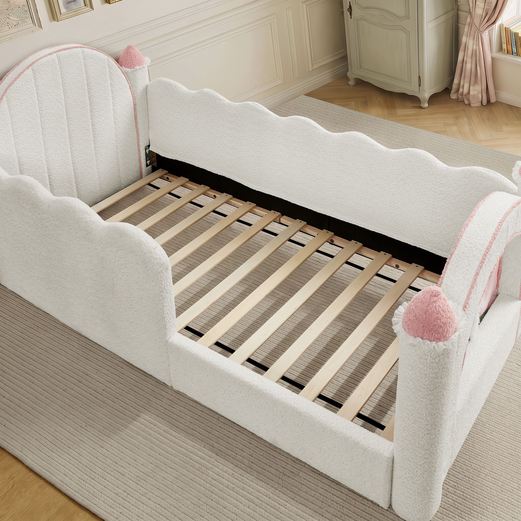 GDF Studio Solley Twin Size Castle Bed with Safety Guardrails, Curtain & Wood Frame, Boucle Upholstered Bed, White
