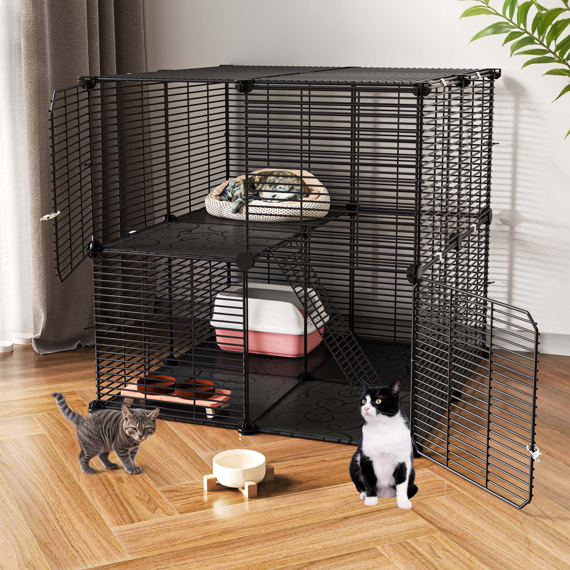 Uforic 2 Tier Cat Cage, Indoor Cat Enclosure DIY Cat Playpen Metal Kennel for 1-2 Cats,28"L x 28"W x 28"H,Black