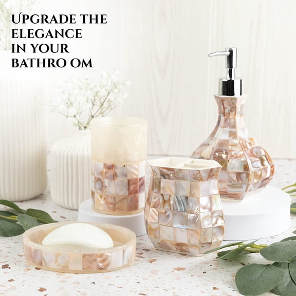 4-Piece Milano Bathroom Set - Natural Mother of Pearl Shells, Soap Dispenser, Toothbrush Holder & Tumbler