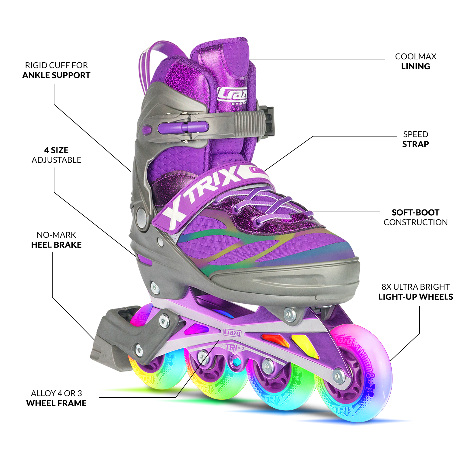 Crazy Skates Trix Size Adjustable Inline Skates with Light Up Wheels - Available with 3 or 4 wheels