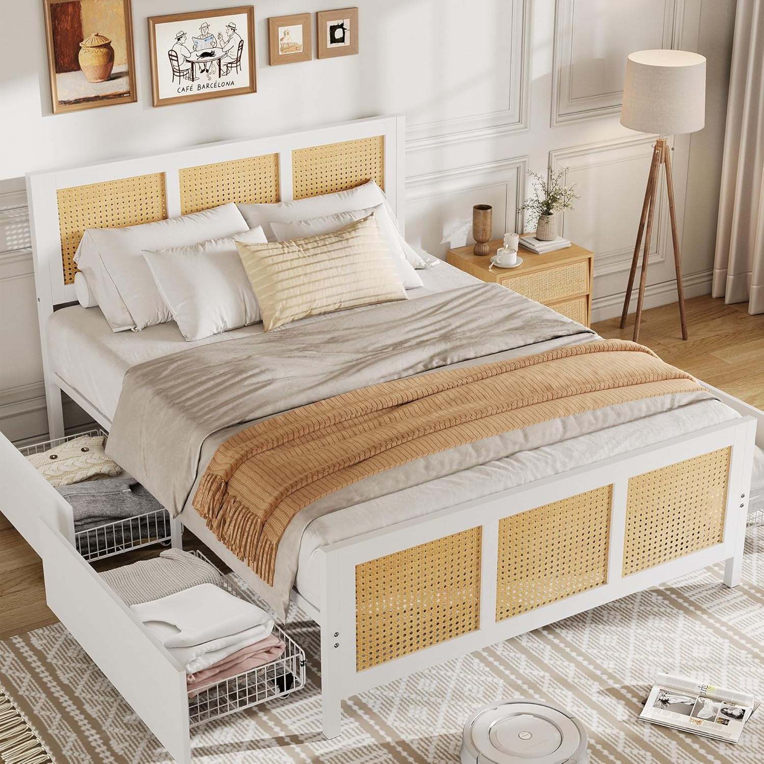 Tzou Rattan Bed Frame with Headboard & 4 Drawers - Boho Queen Size Platform Bed, LED Lights, 800 lb Capacity, No Box Spring, White