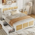 thumbnail image 3 of White Rattan Bed Frame with Headboard, Boho Cane Platform Queen Bed Frame with 4 Drawers, Strong Metal Slats Support, Noise Free, No Box Spring Needed, 3 of 8