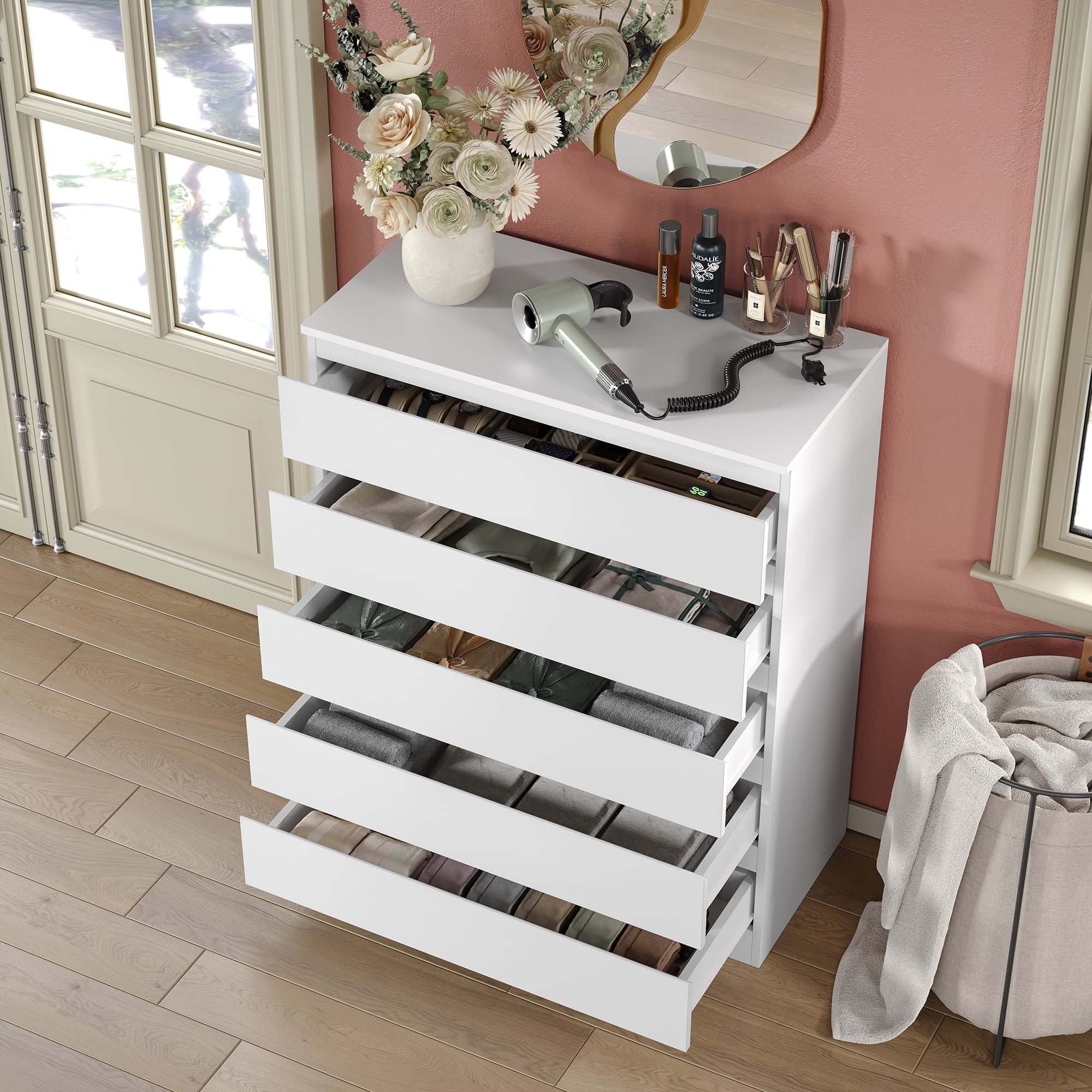 Furnihold 5-Drawer Dresser, 40.2" Tall Modern Bedroom Dresser, Wood Dresser For Living Room, Bedroom, White