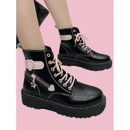 

Kawaii Heart & Star Decor Lace-up Front Combat Boots Women‘s Footwear