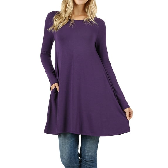 Women Round Neck Long or 3/4 Sleeve Flattering Comfy Swing Tunic Loose Fit Flowy Top