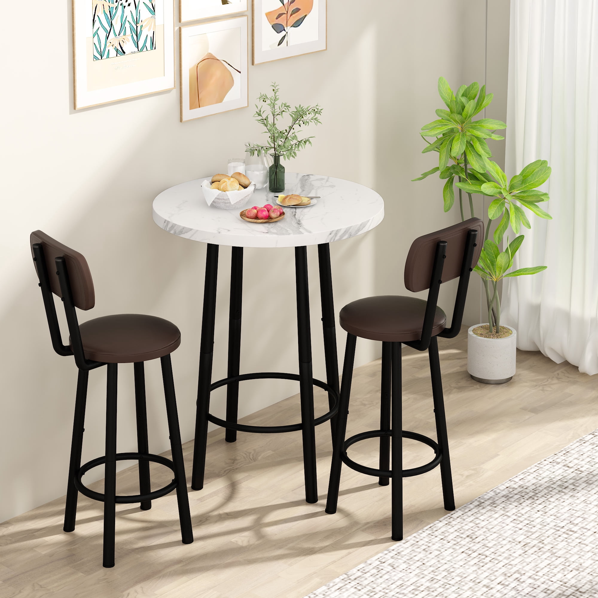 MIERES Round Marble Dining Table Set, 2-Seater Kitchen Dining Set with Two Bar Stools, Compact Dining Table, White