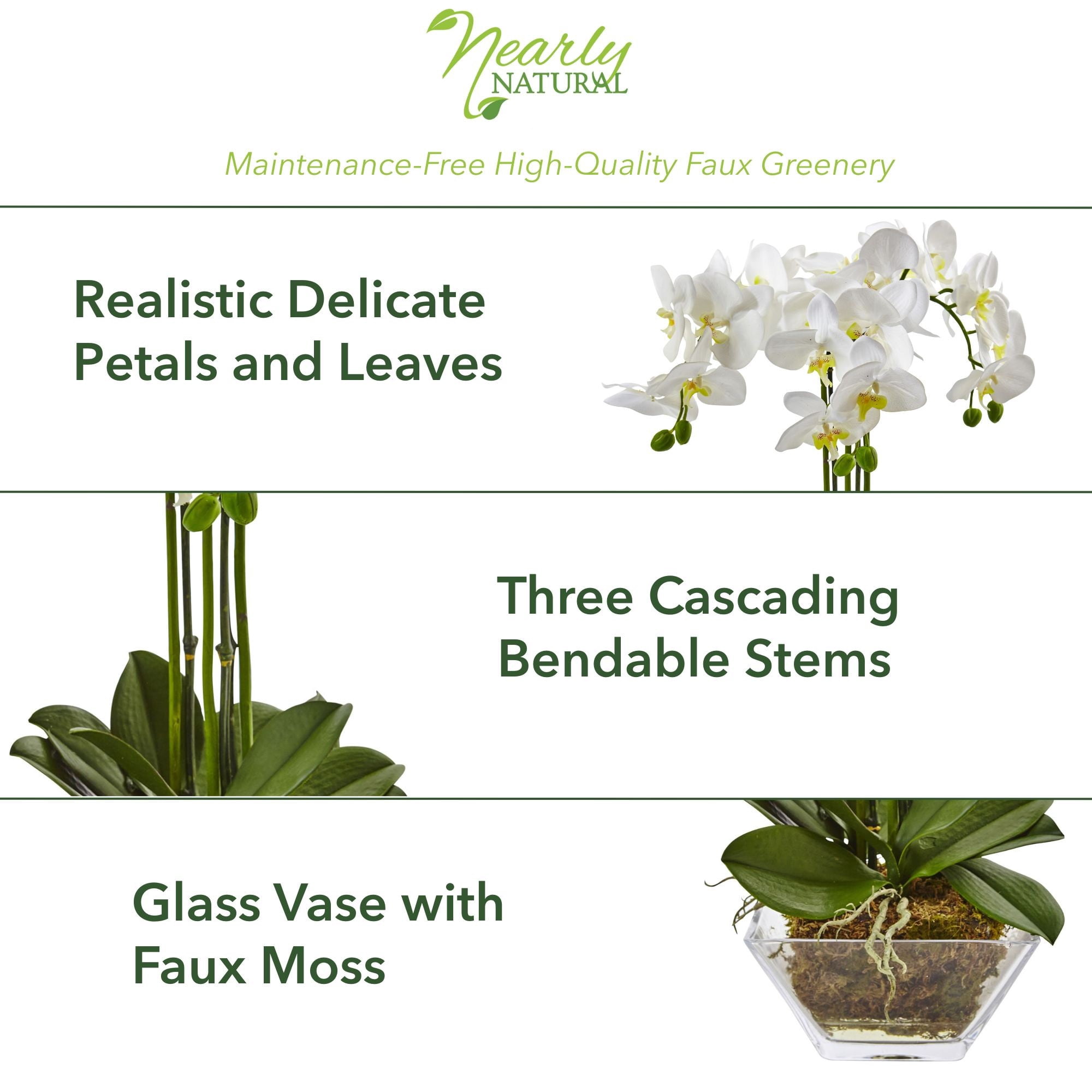 Nearly Natural White Triple Phalaenopsis Orchid Artificial Flowers in Glass Vase