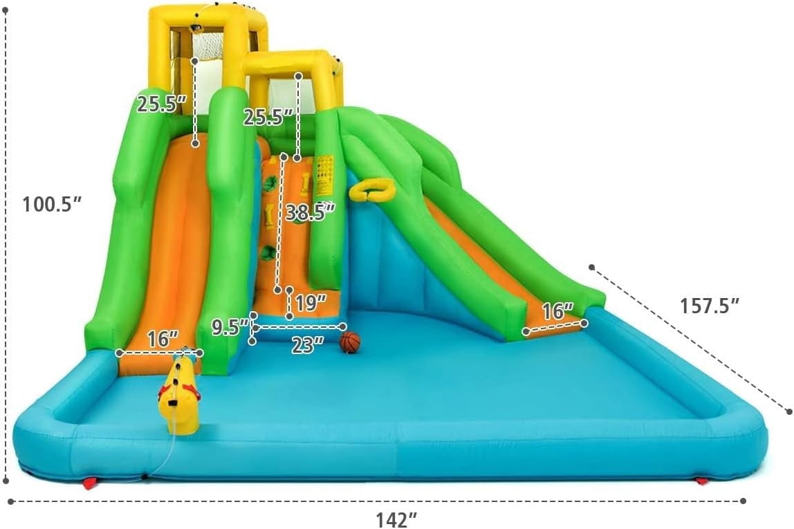 OLAKIDS Inflatable Water Slide, 6 in 1 Bounce House with 2 Slides, Climbing Wall, Splash Pool, Basketball Rim, Water Blaster, Inflatable Water Park with  Bag, Repairing Kit, Hose (Without Blower)