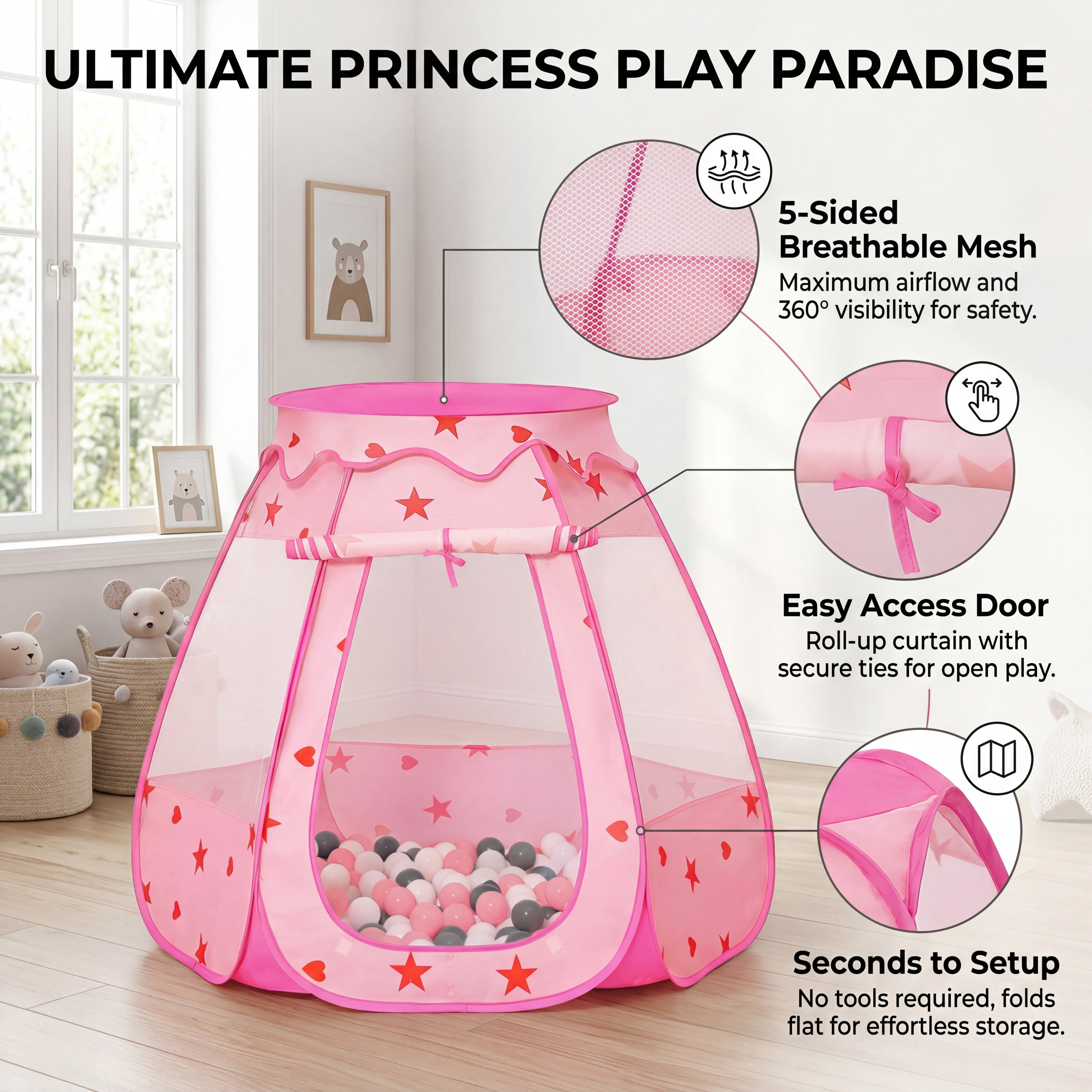 PigPigPen Princess Pop up Ball Pit for Toddlers with 50 Balls and Carry Bag, Pink/White/Gray