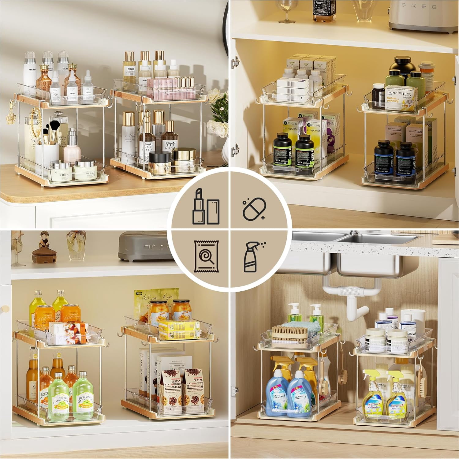 2 Tier Bathroom Under Sink Organizers and Storage with Hook, Multi-Purpose Cabinet Drawers with Movable Dividers, Pull Out Organization for Countertop, Kitchen and Pantry(Wood Grain, 4 Pack)