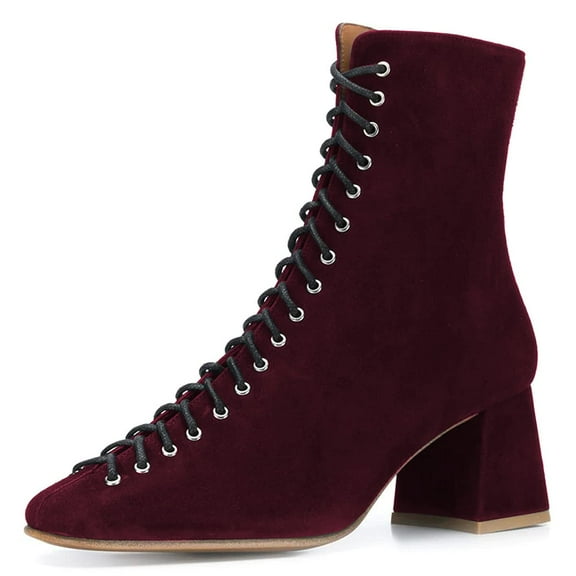 YDN Women Round Toe Ankle Boot Lace up Chunky Mid Heels All Weather Stylish Zipper Booties Shoe Size 7 Wine Red