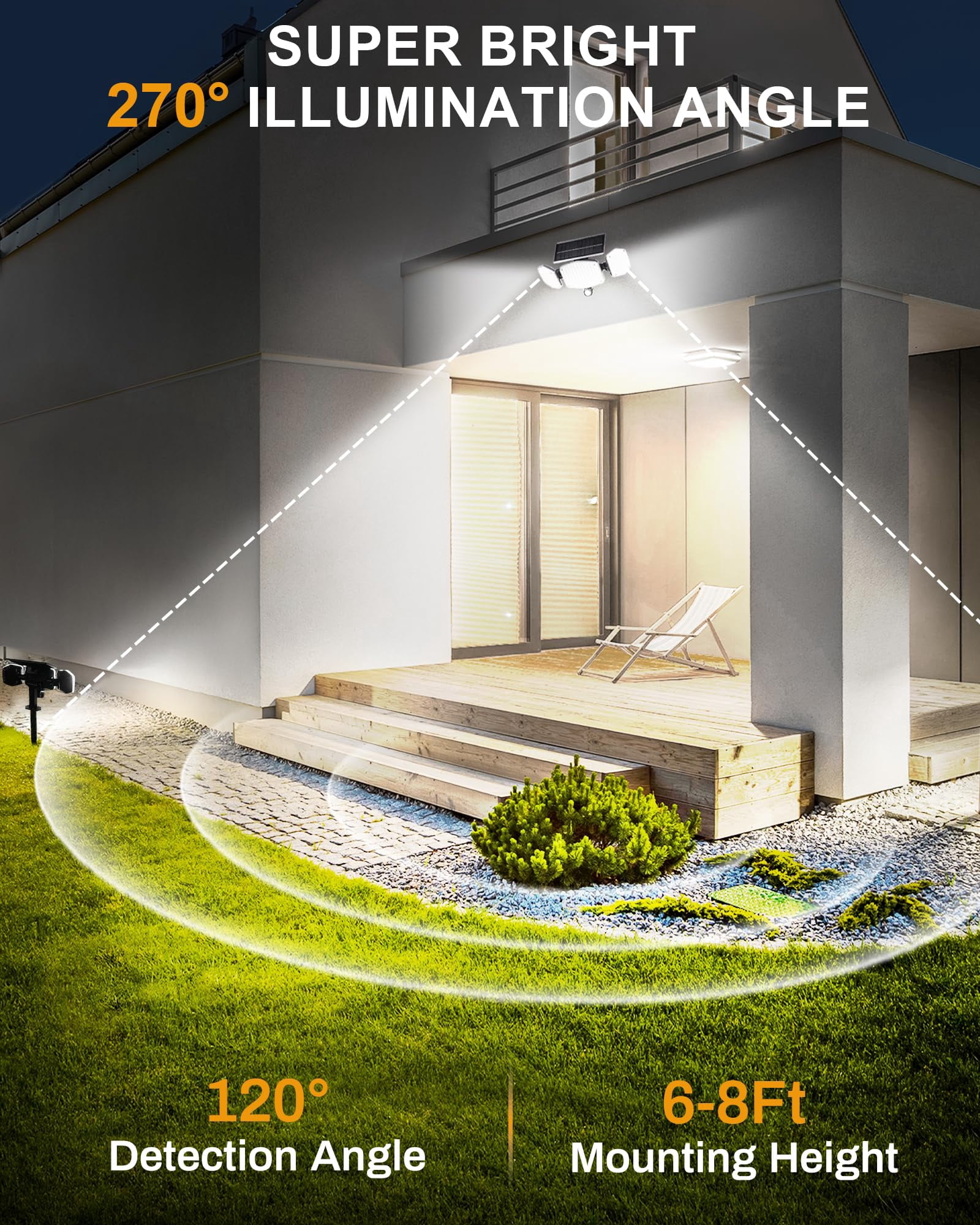 HAARAY Solar Motion Sensor Outdoor Lights 2500LM with Ground Stake, 3-Head Adjustable 208 LED Solar Wall Security Flood Light 270° Beam Angle for Outside Porch Yard Garage, IP65 Waterproof, 1 Pack