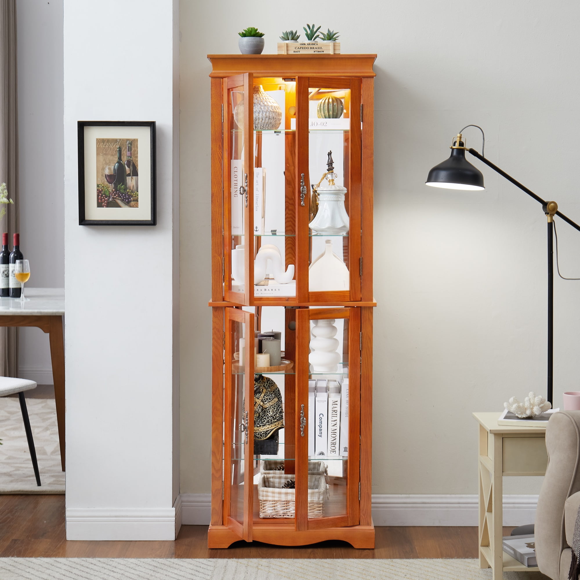 Miniyam Lighted Glass Curio Display Cabinet,Wood Frame China Cabinet for Living Room, Kitchen, Pantry,Light Bulb Included, Oak