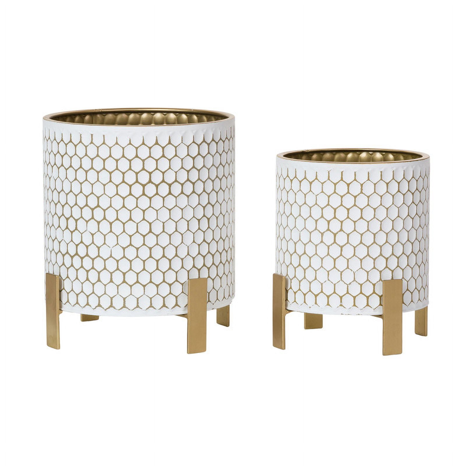 2-Piece Honeycomb Metal Planter Pot With 4-Leg Gold Metal Base - White & Gold - 12"H x 11"W / 10"H x 9"W