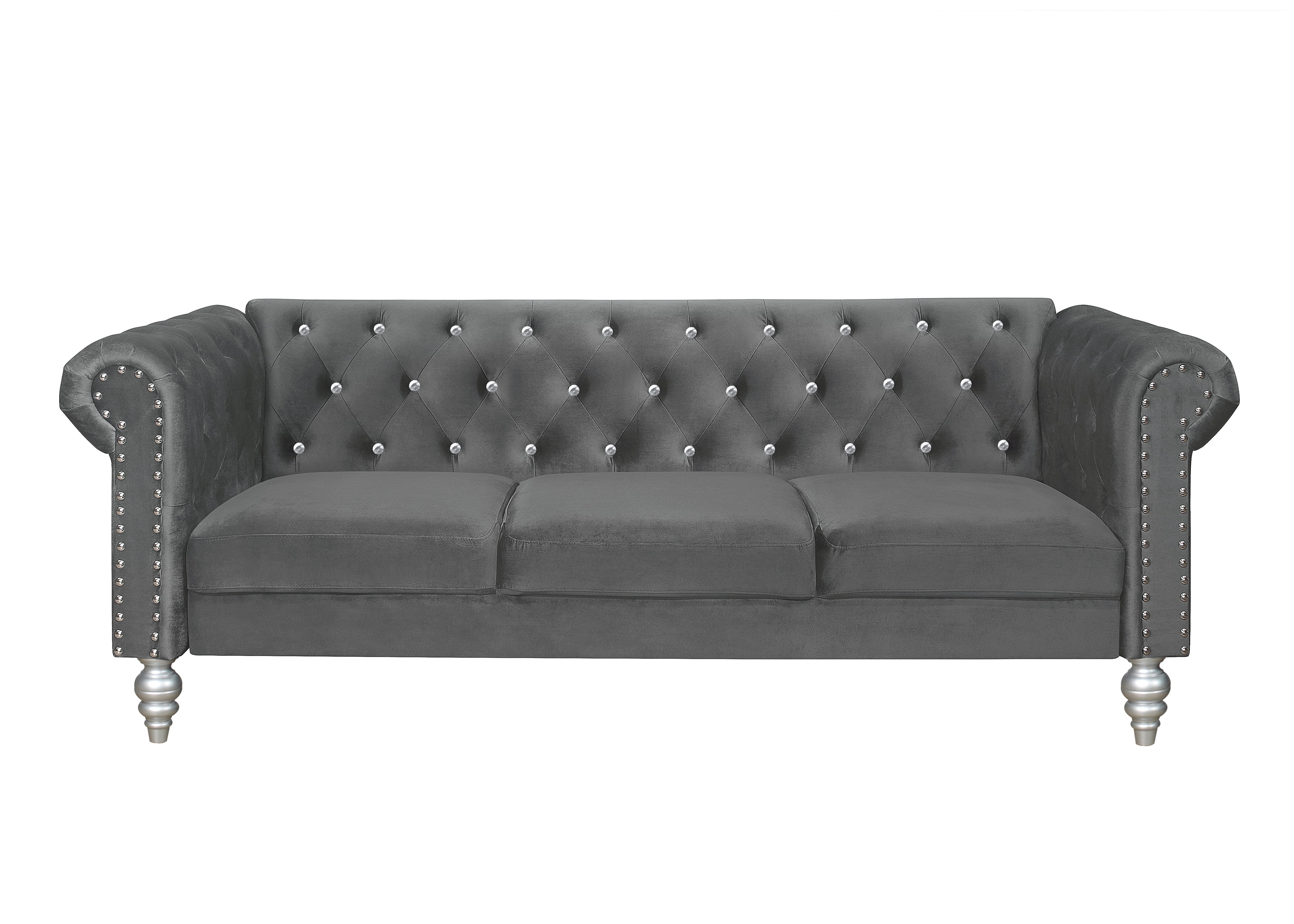 Home Design Emma Contemporary Velvet Rolled Arm Chesterfield Sofa with Diamond Button Tufted Back and Nailhead Trim, Wood-Turned Legs, Modern Luxury, Gray