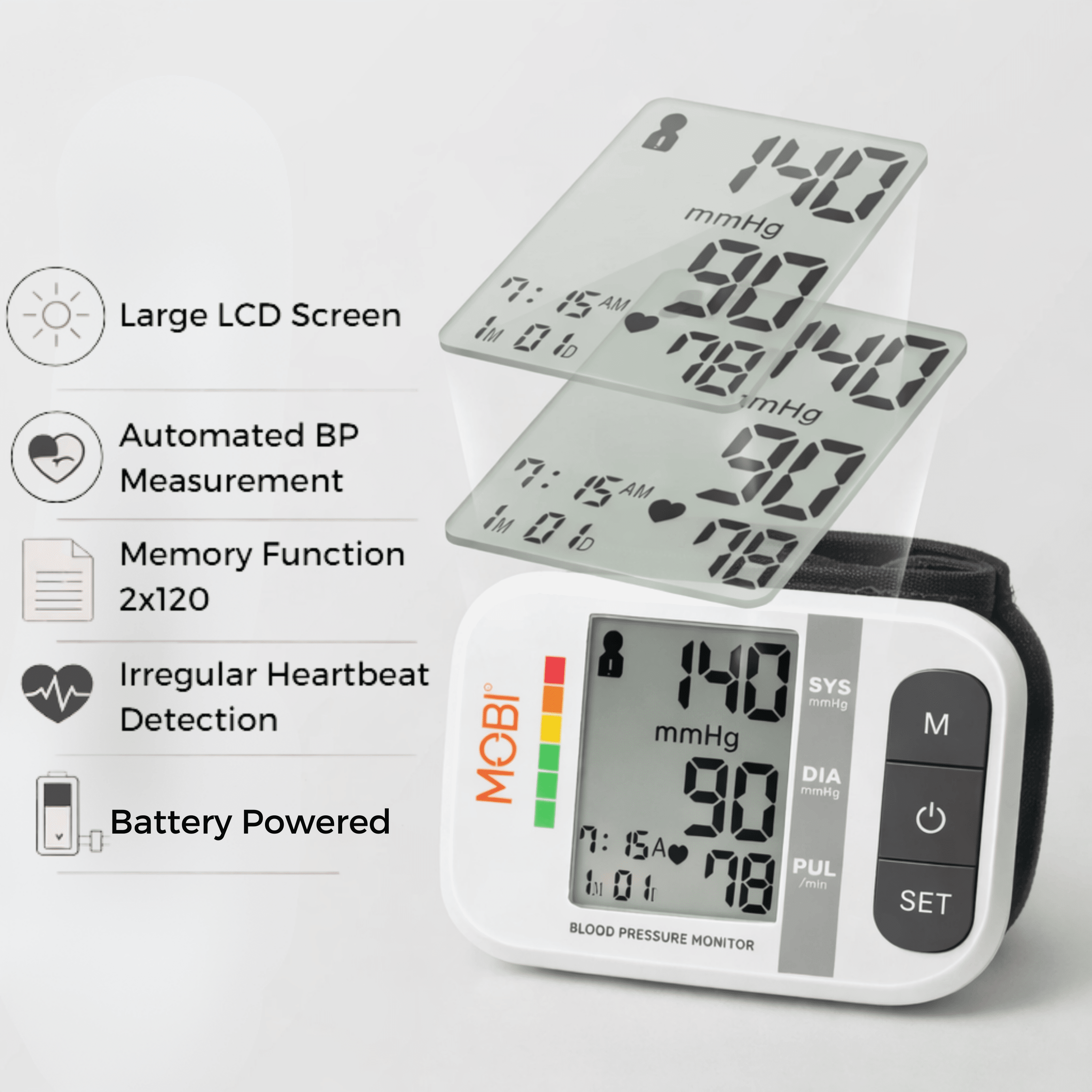 (6 pack) MOBI Blood Pressure Cuff - Wrist Blood Pressure Monitor - Automatic BP Cuff with Large LCD Display - Pulse Rate, Irregular Heart Rate Monitor