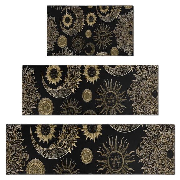 Black Gothic Sun Moon Pattern Kitchen Rugs Sets Of 3,Kitchen Runner Rugs Non Skid Washable,Decorative Kitchen Floor Mats for Kitchen,Sink,Laundry,17"x30" 17"x47" 17"x59"