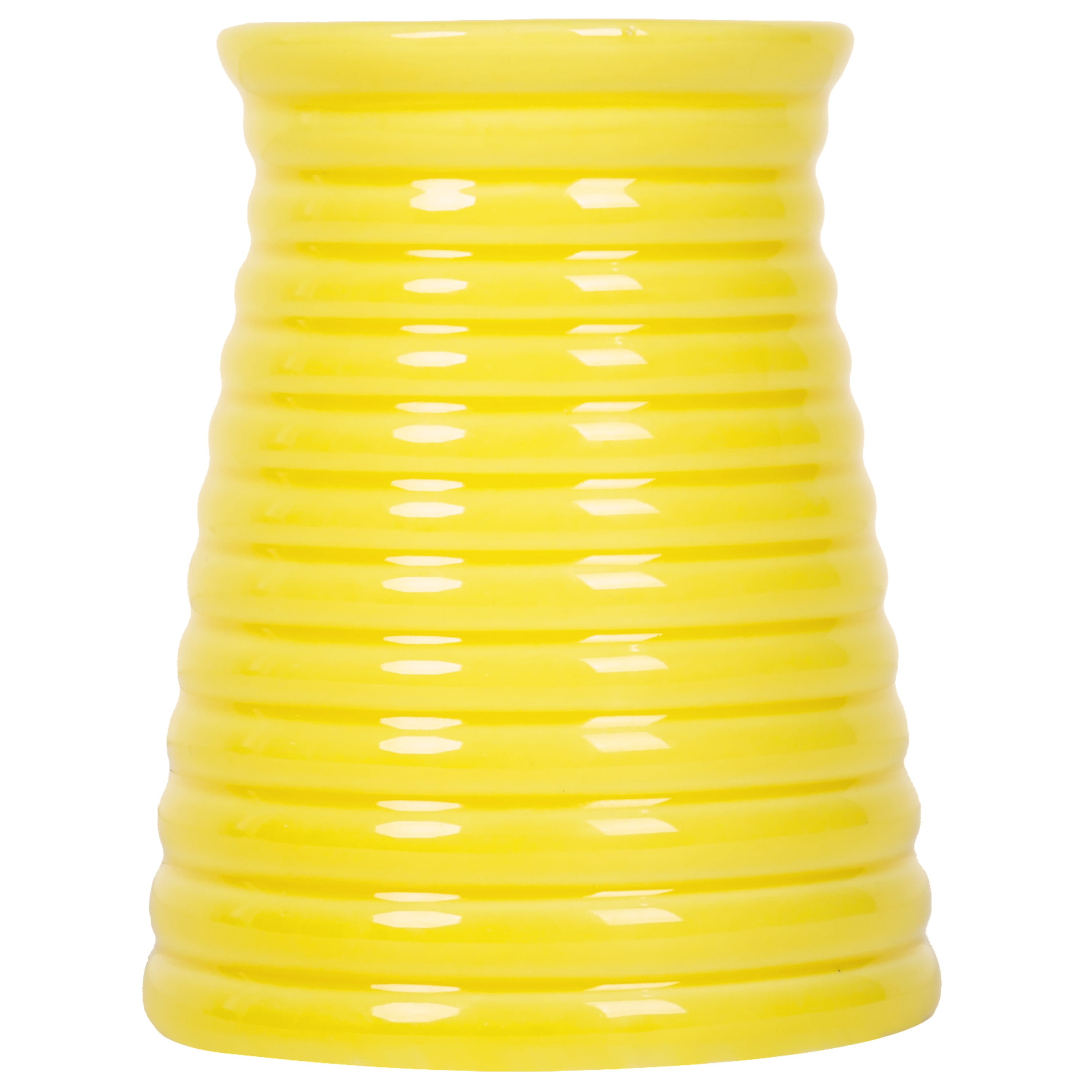 Flower Pot Ribbed Design Small Yellow Ceramic Tabletop Centerpiece Vase 